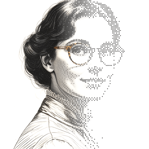 Illustrated persona of Corinne Vasquez: a black-and-white line engraving. No such person exists.