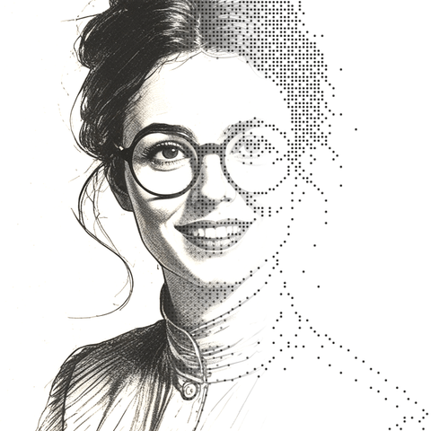 Illustrated persona of Tamsin Okafor: a black-and-white line engraving. No such person exists.