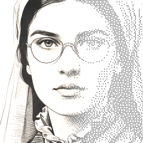 Illustrated persona of Unnamed Syria reporter — name pending: a black-and-white line engraving. No such person exists.